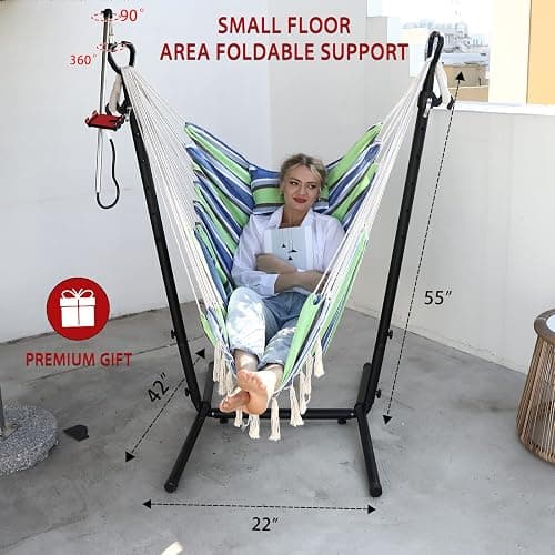 ZEYU Hammock Chair with Stand Double Hammock Chair Bohemian Style with Tassel Mobile Phone Support Manual Adjustable Swing Indoor and Outdoor Garden Porch with Floor mat Reclining Capacity 400 pounds thumbnail 3
