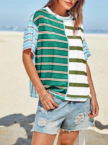 Tankaneo Womens Summer Striped Shirts Casual Color Block Short Sleeve Tops Loose Fit Crew Neck Tees thumbnail 3
