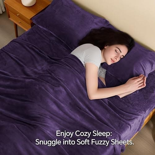 BEDELITE Flannel Sheets Twin Size Purple - Super Soft Fleece Sheets Set Fluffy Extra Plush, 3 Piece(Include Fitted Sheet, Flat Sheet, 1 Pillowcase) thumbnail 3