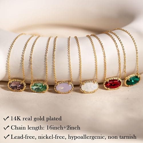 TLY Gold Necklace for Women Non Tarnish 14k Gold Plated Dainty Preppy Pendant Necklace Oval Gemstone Crystal Druzy Stone Rose Quartz Choker Necklace Birthday Wedding Everday Birthstone Jewelry Gifts for Mom thumbnail 6