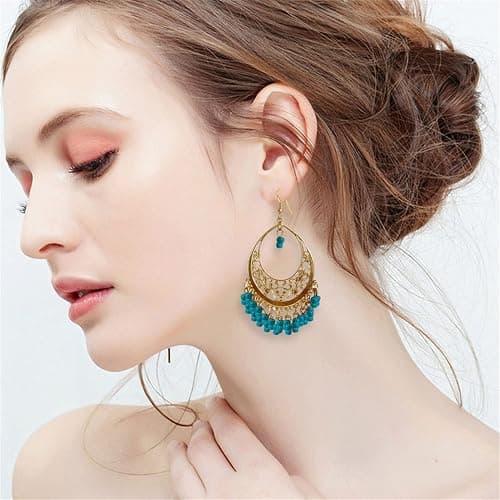 KVANU Handmade Creative Colorful Bohemian Chandelier Teardrop Bead Dangle Drop Earrings Ethnic Gypsy Beads Tassel Hoops Earrings for Women thumbnail 3