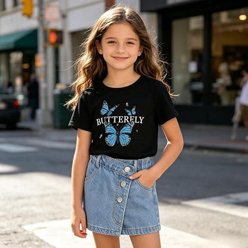 Voxikodex Girls Clothes 2PCS Butterfly Print Short Sleeve T-Shirt Denim Skirt Shorts Set Teen Tween Girls Summer Outfits Set thumbnail 6