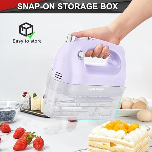 Lord Eagle Hand Mixer Electric Handheld 400W, 5-Speed Lightweight Kitchen Mixer with Storage Case, 5 Stainless Steel Attachments for Baking Cake Egg Cream Food Beater, Turbo+Eject Button, Purple thumbnail 6