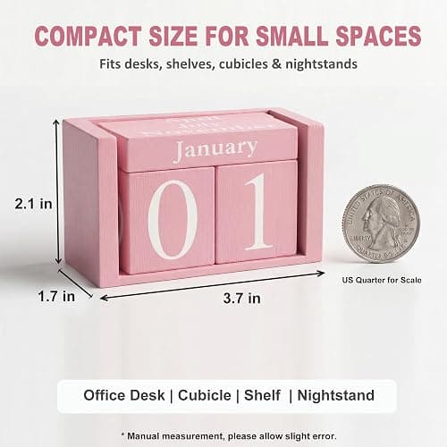 MICKYU Pink Wooden Perpetual Block Calendar | Aesthetic Desk Accessories for Women, Office Decor for Workspace, 3.7 x 2.1 x 1.7 in thumbnail 2