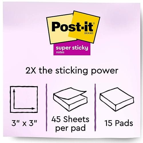 Post-it Super Sticky Notes, Assorted Bright Colors, 3x3 in, 15 Pads/Pack, 45 Sheets/Pad, 2X The Sticking Power, Recyclable, Multi-Color thumbnail 3