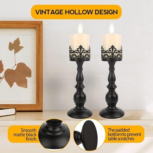 Candle Holders for Pillar Candles Gothic Matte Black Vintage Tall Candle Holders Set of 2 Decorative Large Table Centerpieces Candle Stand Decor (Black 2PCS A) thumbnail 4