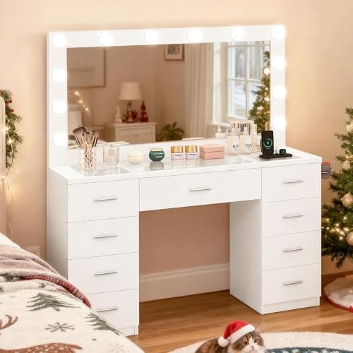 FIONESO Vanity Desk with Glass Top & Lights Mirror, 3 Adjustable Lighting Color, 46" Makeup Vanity with 9 Drawers and 12 LED Lights, Dressing Table for Bedroom, Vanity for Girls, White thumbnail 3