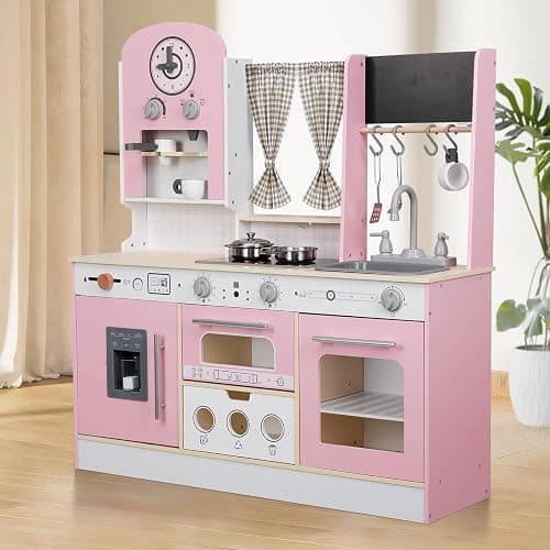 EDUBEBO Kids Kitchen playset, Wooden Play Kitchen, Height Adjustable, Comes with Various Kitchen Accessories, Ideal Role Play Toy Gift for Toddlers and Kids Ages 3-8 (Pink) thumbnail 2