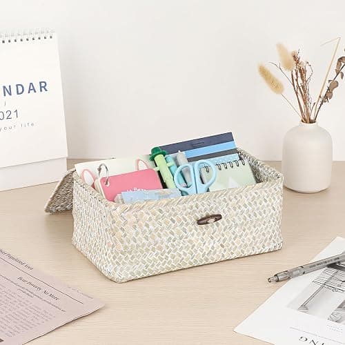 Sumnacon Wicker Basket with Lid,Tampon Holder for Bathroom,Whitewash,XS | Natural Seagrass Female Product Organizer for Toiletries Pad Tampon Storage,Farmhouse Woven Baskets for Shelf, Toilet Tank thumbnail 6