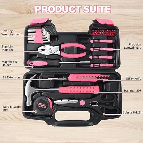 Wrenzo 39-Piece Household Tool Set in - Perfect for Home, Garage, Office and Dorm Use - Essential Tools for The Whole Family (Pink) thumbnail 3