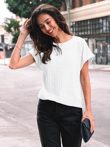 AUTOMET Women Shirts Fall Sweaters Regular Fit Short Sleeve Tunic Tops 2025 Dressy Casual Business Blouses - White - Small thumbnail 3