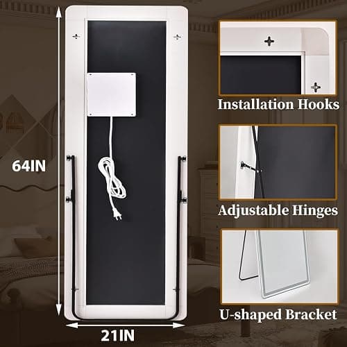 WISSMIELS Full Length Mirror with Lights,Tempered Glass 20"x63" Led Full Length Mirror with Dimming & 3 Color Lighting,Door Hanging & Standing Ideal for Bedroom, Dressing Room, Cloakroom Rectangle thumbnail 2