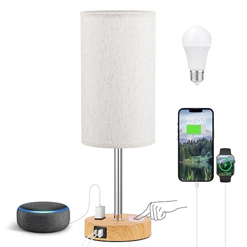 Fenmzee Touch Table Lamp - Cream, 3-Way Dimmable, USB A + C Charging, AC Outlet, 17.4inch Medium, Wood Grain Base - Image 1