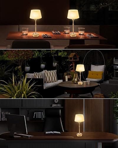 UMEXUS 2 Pack Small Cordless Rechargeable Table Lamp, Battery Operated Lamp | 3 Level Brightness Dimmable, Portable Accent Light for End Table Restaurant Dining Outdoor, Beige Fabric Shade, Antique Brass thumbnail 2