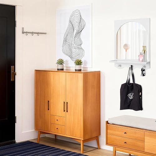 SANY DAYO HOME White 16"x12" Wood Framed Arched Mirror with Shelf and 3 Hooks, Wall Mounted Decorative Real Glass Hanging Mirror for Entryway, Bathroom, Bedroom, Laundry Room thumbnail 7