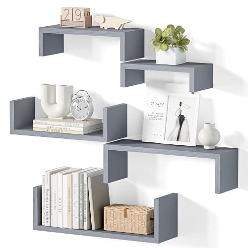 SRIWATANA Floating Shelves for Wall, Wall Shelves for Bathroom, Bedroom, Living Room, Kitchen, Office, Wood Shelves for Home Decor Set of 5 (Weathered Grey) - Image 1
