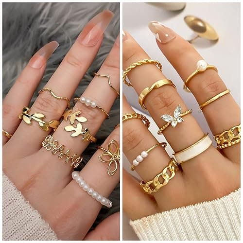 IFKM Gold Plated Jewelry Set for Women,14k Gold Plated Multi Layer Necklaces Stackable Bangle Bracelets Stackable Knuckle Rings Hoop Earrings Set Anniversary Trendy Elegance Charms Anniversary Birthday Jewelry Gift thumbnail 4