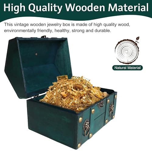 Vintage Wooden Treasure Chest, Jewelry Storage Box with Lock, Classical Storage and Decorative Box, Large Capacity Vintage Decorative Box, Jewelry Storing Storage Organizer for Home Decoration,Green thumbnail 7