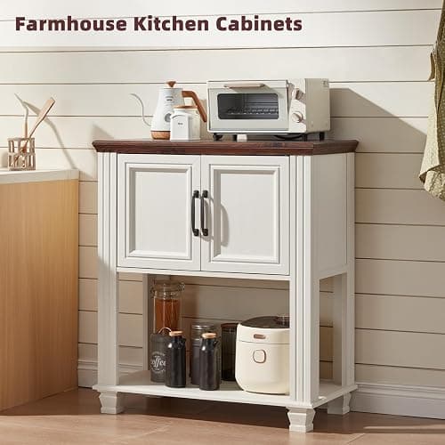 SAVOR LIFE Farmhouse Coffee Bar Table with 2-Door Cabinet, Kitchen Storage Cabinets with Open Shelf, Coffee Station for Dining Room, Kitchen, Hallway, Living Room, White thumbnail 4