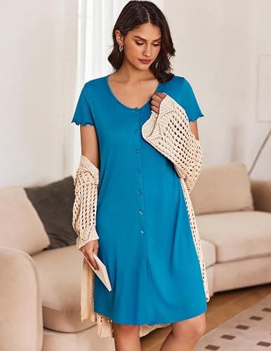 Ekouaer 3 Pack Women's Button Down Nightgowns Short Sleeve Night Shirts for Women Sleepwear V Neck Sleep Dress thumbnail 4