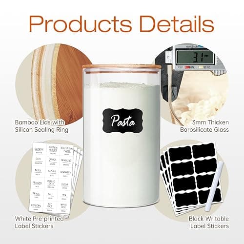 HomArtist Glass Jars with Bamboo Lids 53 FL OZ [Set of 4], Glass Canisters with Airtight Lids, Glass Food Storage Containers for Pasta, Oats, Coffee, Flour, Sugar, Rice, Best for Kitchen & Pantry thumbnail 4
