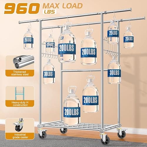100% Stainless Steel Heavy Duty Clothes Rack Load 960LBS, Three Rods Clothing Racks for Hanging Clothes Extendable，Rolling Garment Rack With Sturdy Wheels Shelves Hooks, Portable Closet Wardrobe Rack thumbnail 3