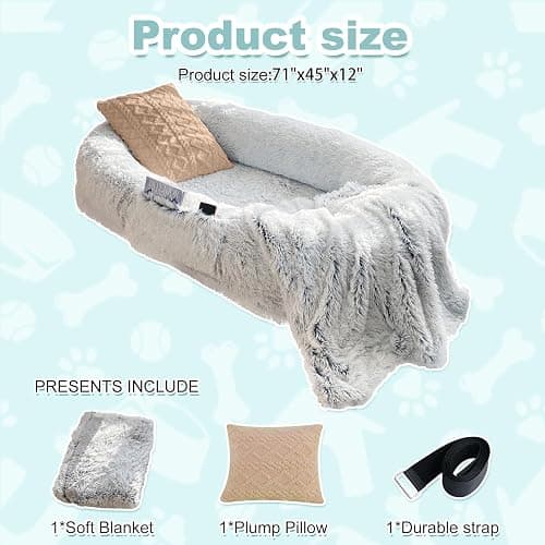 YAEM Human Dog Bed Fits You and Pets for People Doze Off, Washable Faux Fur Napping Orthopedic Dog Bed, Present Plump Pillow, Blanket, Strap-Grey, 71"x45"x12" thumbnail 4