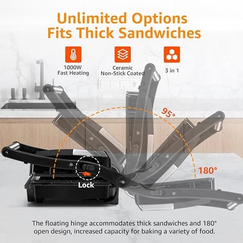 Panini Press Grill, Aigostar 1000W Sandwich Maker with Ceramic Non-stick Plates, Opens 180 Degrees for Any Size Food, 3-in-1 Sandwich Press Electric Grill, Drip Spout & Locking Lid, Sliver thumbnail 4