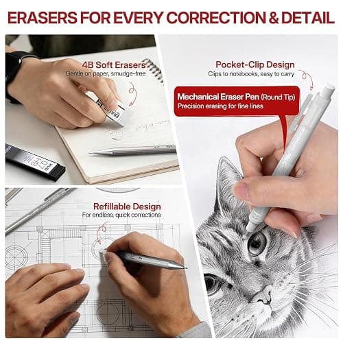WUO 0.7mm Metal Mechanical Pencil Set, 4-Pack with Eraser Pen and Case | 480 HB Lead Refills, 3 Erasers + 10 Eraser Refills, Medium Point, for Writing, Drawing, Drafting, Sketching thumbnail 2
