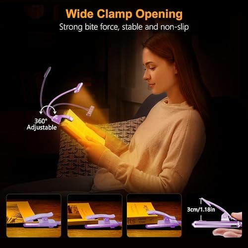 Gritin 19 LED Rechargeable Book Light for Reading in Bed with Memory Function- Eye Caring 3 Color Temperatures,Stepless Dimming Brightness,80 Hrs Runtime Clip on Light for Book Lovers-Purple thumbnail 7