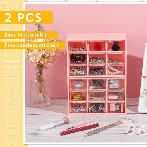 Wenqik 2 Pcs Mini Storage Drawers Teacher Toolbox Organizer with 9 Clear Drawers Small Plastic Desktop Teacher Desk Craft Organizer for Classroom Office 7" x 3. 9" x 4. 7"(Pink) thumbnail 6