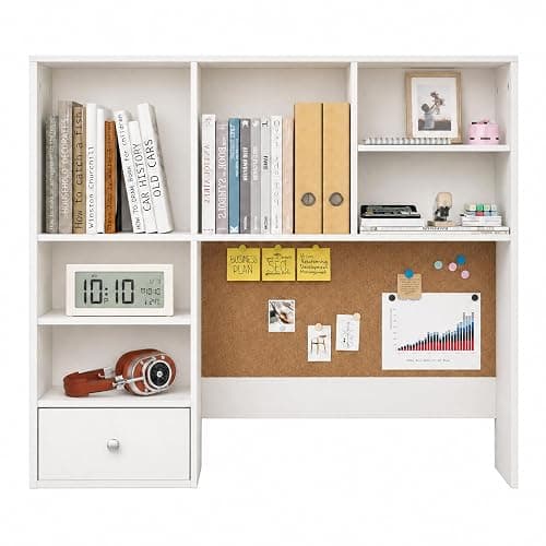 ELUREVIA White Desk Hutch with Cork Board for Photos and Reminders, Dorm Desk Hutch with Drawers and Shelves, Desktop Bookshelf for College Dorm, Student Bedroom, Compact Study Spaces thumbnail 9