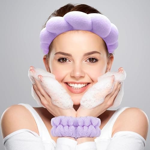Zkptops Spa Headband for Washing Face Wristband Set Sponge Makeup Skincare Headband Terry Cloth Bubble Soft Get Ready Hairband Women Girl Puffy Padded Headwear Non Slip Thick Hair Accessory(Purple) thumbnail 2