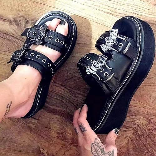 Gothniero women black platform sandals goth chunky wedge heel summer sandals girls gothic punk platform sandals for women metallic spider buckles slides size 5.5-11 thumbnail 3