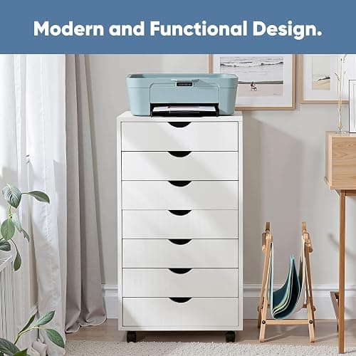 OLIXIS 7 Drawer Mobile File Cabinet Under Desk Storage Organization with Wheels Vertical Filing Chest Rolling Wood Small Desk Printer Stand for Home Office, 15.75"D x 18.74"W x 34.25"H, White thumbnail 4