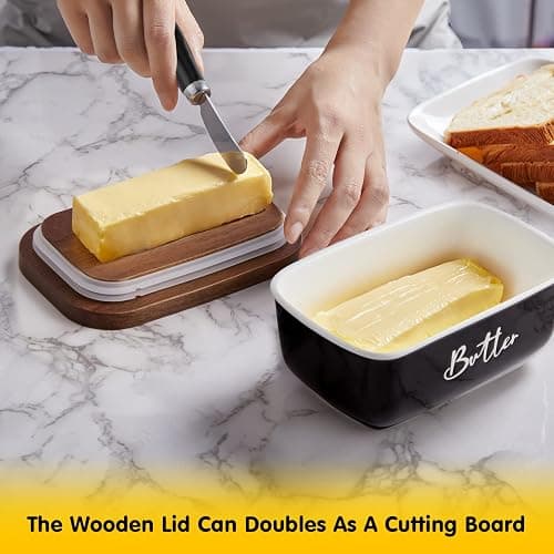 ALELION Black Butter Dish with Lid and Knife for Countertop - Airtight Ceramic Butter Keeper Container with Thick Acacia Wood Lid for Counter or Fridge - for Farmhouse Kitchen Decor and Accessories thumbnail 2