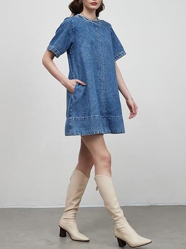 LifeShe Denim Dress for Women Summer Casual Short Sleeve Chambray Mini Jean Dresses with Pockets thumbnail 7