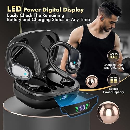 HAOYUYAN Wireless Earbuds, Sports Bluetooth Headphones, 80Hrs Playtime Ear Buds with LED Power Display, Noise Canceling Headset, IPX7 Waterproof Earphones for Workout/Running (Black) thumbnail 6