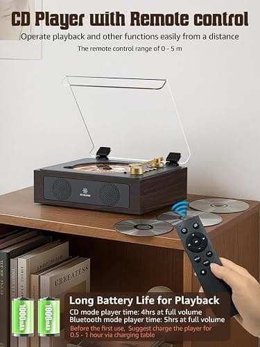 CD Player with Built-in Speakers Bluetooth Retro Portable CD Players for Home Music Player with Remote Control Headphone Jack Walnut Brown thumbnail 6