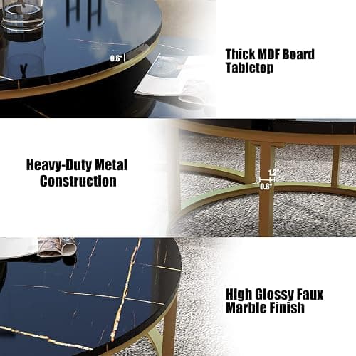 WiberWi Round Coffee Table Nesting Tables Set of 2, Large : Ø 34.0", Small : Ø 26.0", Modern Design Coffee Tables for Living Room, Gold Metal Frame Circle Cocktail Table, High Glossy Faux Black Marble - Black Faux Marble thumbnail 4