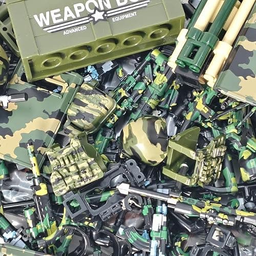 Nicolababe 390 Pezzi Set Armi Militari Giocattoli Mattoncini Equipaggiamento Soldato, Elmetto Mimetizzato, Gilet Tattico, Scudi, Mitragliatrice Gatling, Compatibile con le Principali Minifigure thumbnail 2