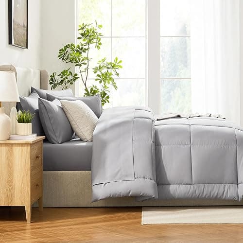 CozyLux Full Size Comforter Sets Grey, 7 Pieces Bed in a Bag, Gray Comforter Full Size, All Season Bedding Sets with Stitch Quilted Comforter, Flat Sheet, Fitted Sheet, Pillowcases thumbnail 9