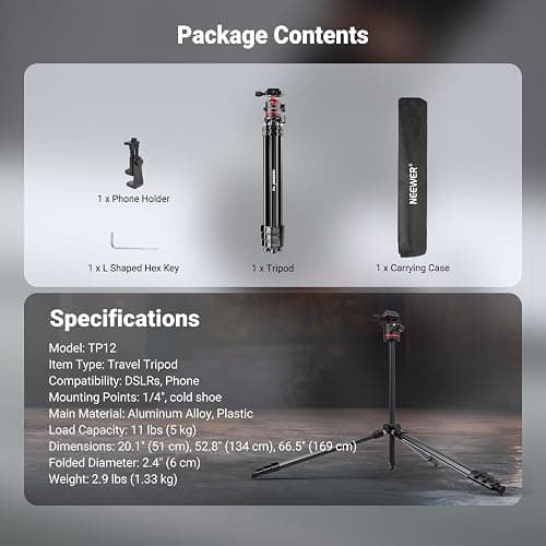 NEEWER Basics 66.5"/169 cm Travel Tripod for Camera, Lightweight Portable DSLR Stand with Ball Head, Arca Type QR Plate, Cell Phone Holder Compatible with iPhone Video Recording, Max Load 11 lb, TP12 thumbnail 8