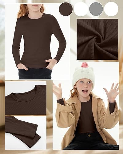 LessonZoo 4 Pack Girls Long Sleeve Shirts Ribbed Knit Cotton Crewneck Tops Slim Fit Soft Casual Kids Base Layer Undershirts thumbnail 6