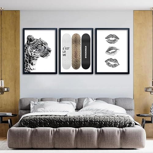 Framed Stockholm Style Canvas Wall Art Set of 3 Black and White Fashion Leopard Print Lips, Preppy Room Aesthetic Cheetah Wall Decor for Girls Bedroom Apartment or Dorm12x16 Inch Black Wood Frame thumbnail 5