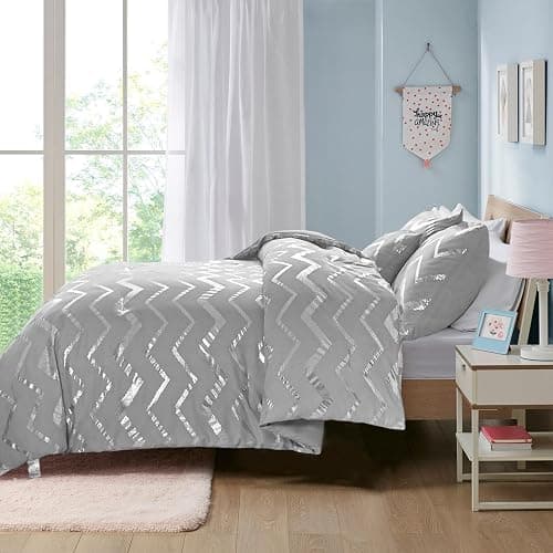 Grey Metallic Silver Duvet Cover Set with 2 Pillowcases Soft Microfiber Geometric Striped Bedding Set,King Size 220x230 cm - King Size 220x230cm - Gray thumbnail 4