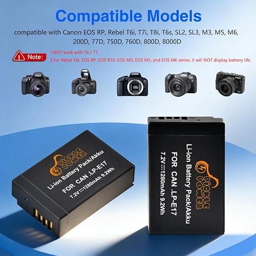 Pickle Power LP-E17 Battery 2-Pack and LED USB Charger for Canon EOS R50 R8 R10 RP, Rebel T8i T7i T6i T6s SL2 SL3, EOS M3, M5, M6, 200D, 77D, 750D, 760D, 800D, 8000D, KISS X8i Camera thumbnail 2