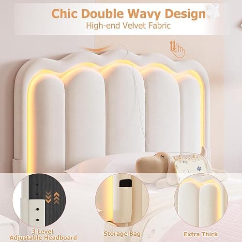 Twin Upholstered LED Bed Frame with Storage Drawer and Adjustable Chic Double Wavy Headboard, Velvet Princess Platform Bed for Kids/Girls, Solid Wood Slats Support, No Box Spring Needed, Beige thumbnail 6
