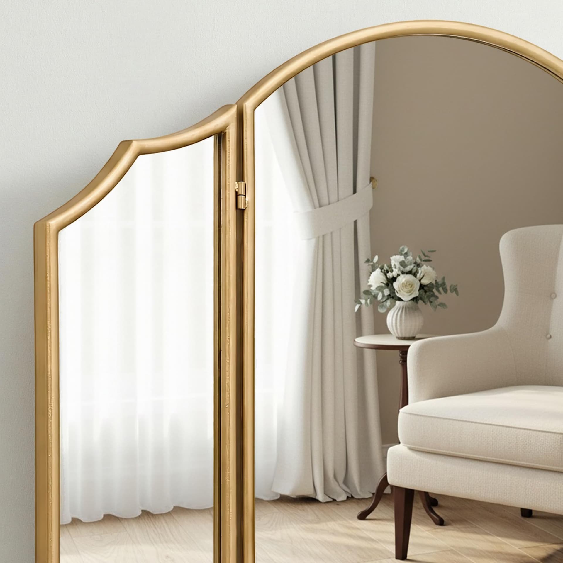 Besdomus Gold Scalloped Vanity Mirror: 36"x24" Large Modern Three Sided Dresser Miror - Minimalist Wood Frame 3 Way Trifold Mirrors for Bedroom/Cloakroom/Dressing Room - Home Decor for Housewife thumbnail 5