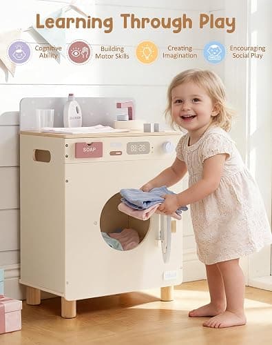 ROBUD Wooden Toy Washing Machine Play Kitchen Set, Seasalt Blue Multi-Functionl Play Washing Machine with Toy Accessories for Nursery, Playroom, Birthday Gift to Kids Age 3+, WCF69 thumbnail 7